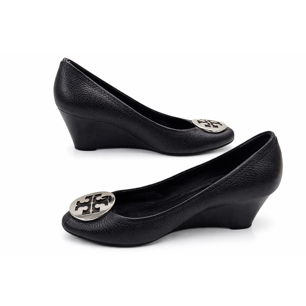 Tory Burch Sally Wedge Pumps Women 7M Black Excellent Pebbled Leather Logo